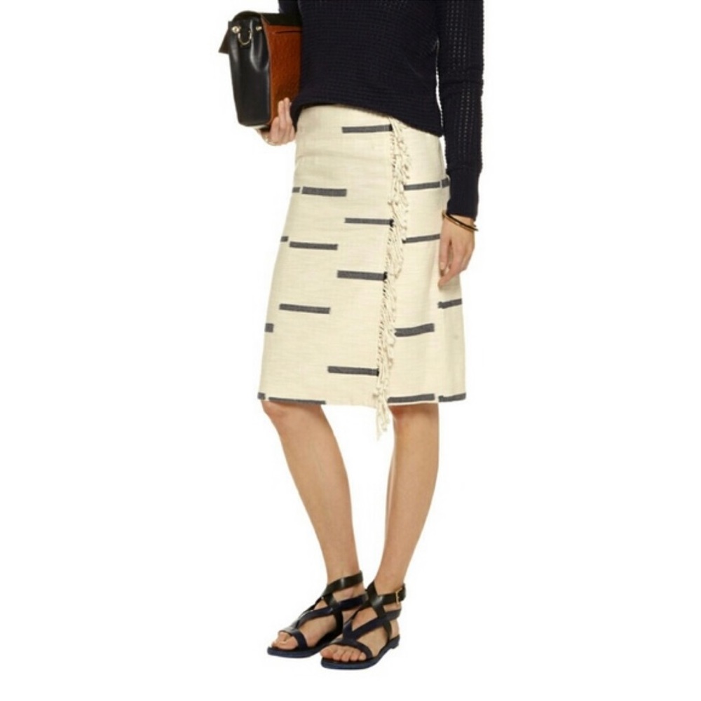 Tory Burch Beige and Navy Midi Fringe Wrap Skirt Medium NWT
